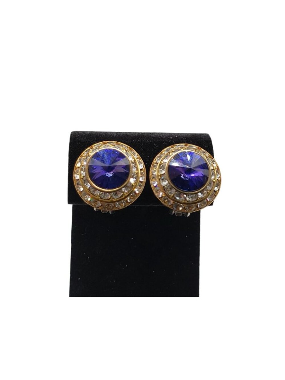 Vintage Lilac Rivoli Clip On Earrings Double Crystal Halo Domed Gold Tone - Picture 3 of 11
